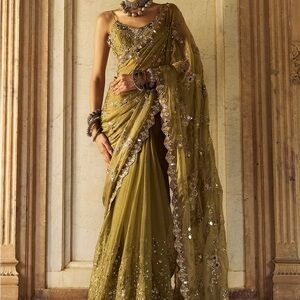 Olive Green Embroidered Women's Saree